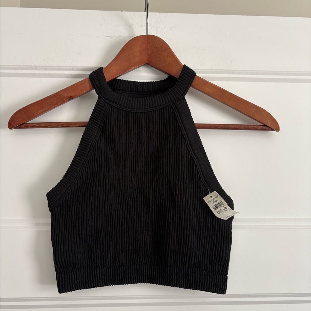 Aerie Black Ribbed Halter Crop Tank Nwt Xs